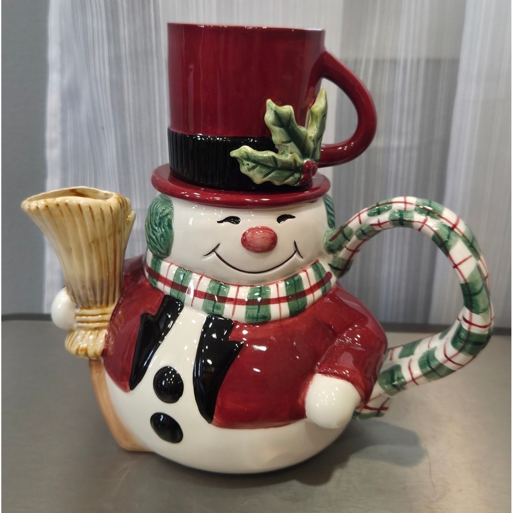 Fitz and Floyd Essentials Snowman Cocoa for One Set Ceramic Teapot/Mug Red Hat
